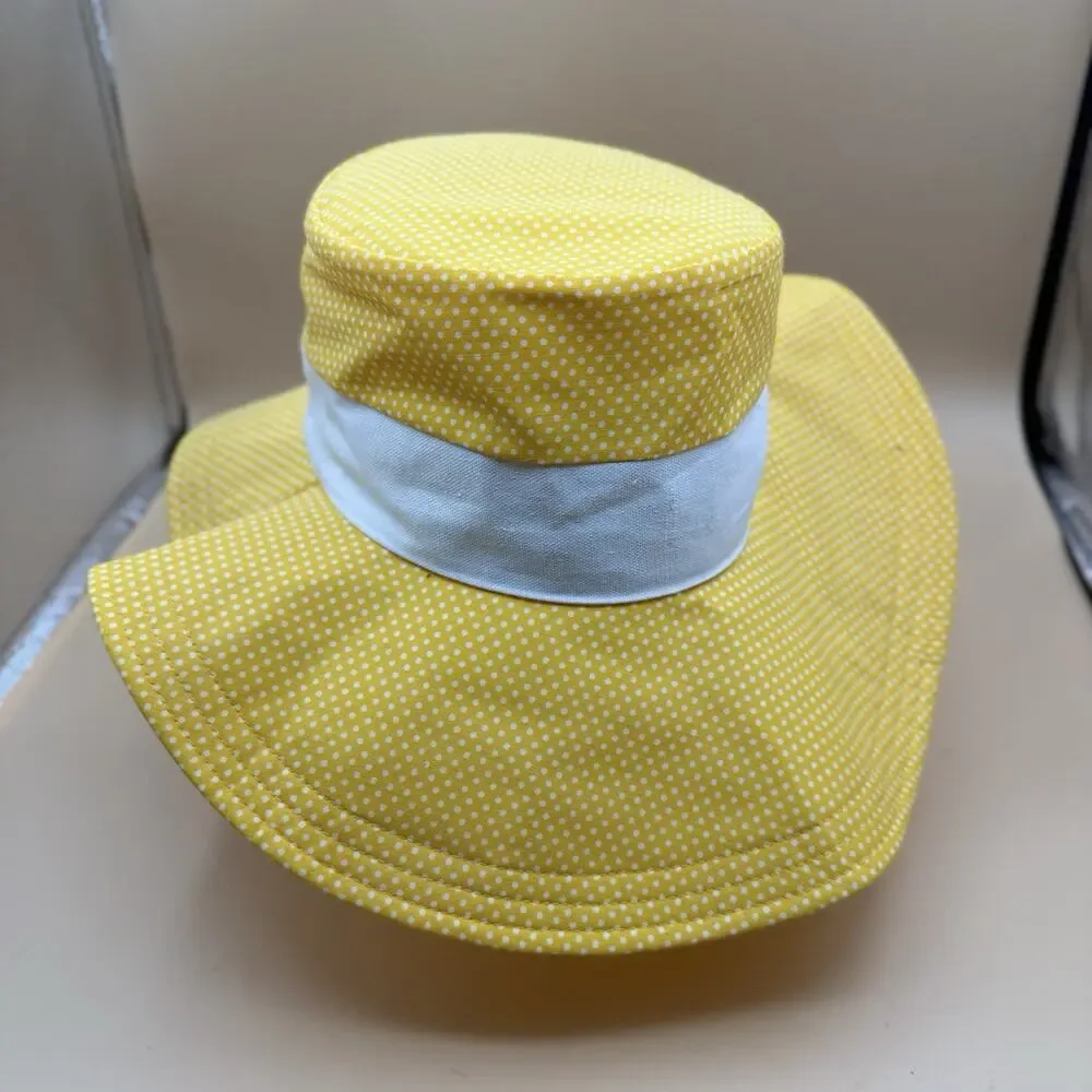 Vintage Rare Polka Dot Sun Hat Yellow White Adult White Band Wide Brim Bucket